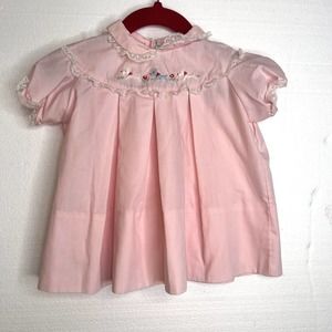 Cherubs Vintage Pink Embroidered Dog Lace Trim Collar Dress size 12mo